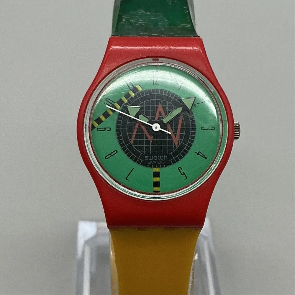 Vintage Swatch Radar Womens Watch 25mm Green Dial Red Swiss New Battery